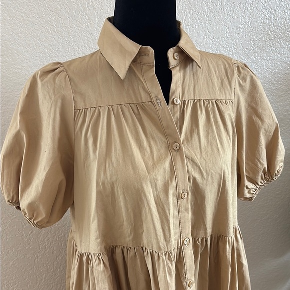 Zara Tan Puff Sleeved Button Down Collared Poplin Mini Dress 0140 - Picture 3 of 8